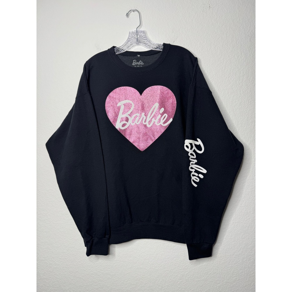 Barbie Womens Black Crewneck Sweatshirt‎ Pink Glitter Heart Logo XL Mattel
